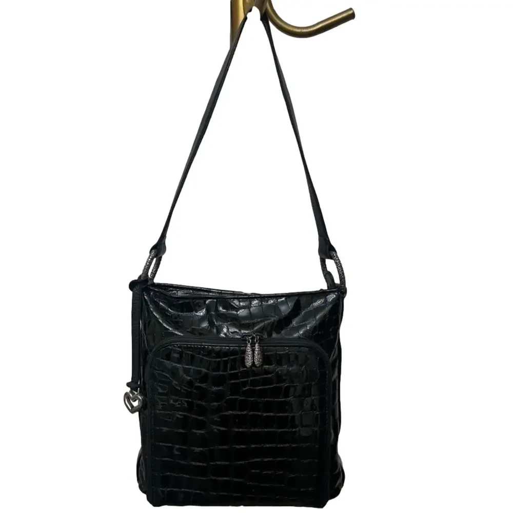 Brighton Black Croc Leather Crossbody Bag Silver Heart Charm Vintage Chic
